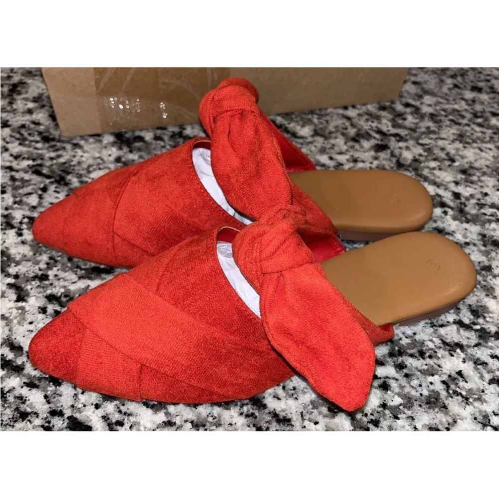 NEW Red Pointed Toe Flat Mules Bowknot Slip on Woven Crisscross Low Heel Sz 6.5 - Picture 9 of 10